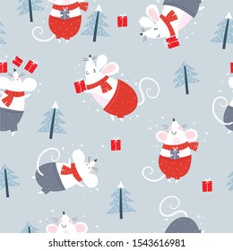 Happy New Year 2020 vector print with cute mouse. Cartoon mouse winter card. Seamless pattern