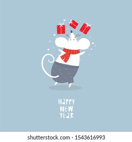 Happy New Year 2020 vector print with cute mouse. Cartoon mouse winter card