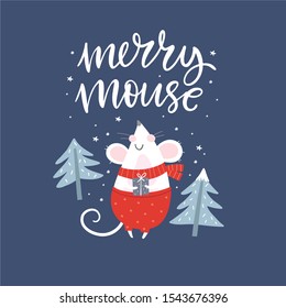 Happy New Year 2020 vector print with cute mouse. Cartoon mouse winter card