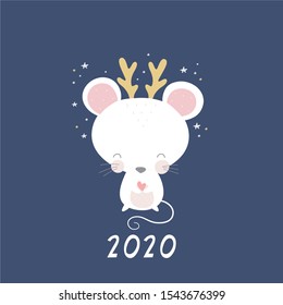 Happy New Year 2020 vector print with cute mouse. Cartoon mouse winter card