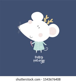 Happy New Year 2020 vector print with cute mouse. Cartoon mouse winter card