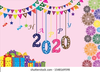  Happy New Year 2020 vector and highlight bright style for Holiday background, poster, templates Elegant winter holiday invitations with colorful frame.