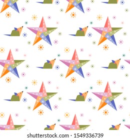 Happy new year 2020 Vector seamless pattern with origami rat, stars and snowflakes. Rat zodiac sign, symbol of 2020 on the Chinese calendar Year of the rat. Chinese horoscope. Design for fabric, print