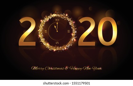 Happy New Year 2020 - Vector New Year background with gold clock on shining black background