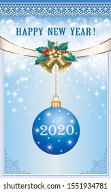 Happy New Year 2020. Vector design postcard with date 2020 on Christmas ball, bells on ribbon on blue glowing background with ornament. Vector illustration