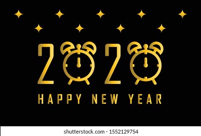 Happy New Year 2020 - Vector New Year background with gold clock on black