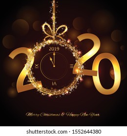 Happy New Year 2020 - Vector New Year background with gold clock on shining black background