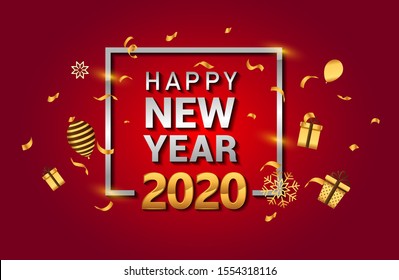 Happy new year 2020. Vector illustration design with golden color with glitter for greeting card, poster template flyer or invitation in red background