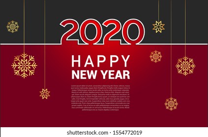 Happy new year 2020. Vector illustration design line style golden color on red background, greeting card or poster template flyer or invitation design. Beautiful luxury holiday background