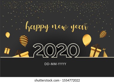 Happy new year 2020. Vector illustration design line style golden color, greeting card or poster template flyer or invitation design. Beautiful luxury holiday background