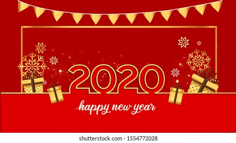 Happy new year 2020. Vector illustration design line style golden color on red background, greeting card or poster template flyer or invitation design. Beautiful luxury holiday background