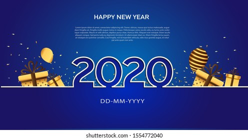 Happy new year 2020. Vector illustration design line style golden color on blue background, greeting card or poster template flyer or invitation design. Beautiful luxury holiday background