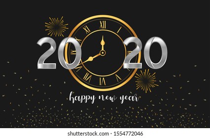 Happy new year 2020. Vector illustration design golden color with clock and fireworks glitter on black background