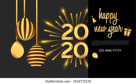 Happy new year 2020. Vector illustration design golden color with clock and fireworks glitter on black background