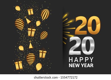 Happy new year 2020. Vector illustration design golden color with clock and fireworks glitter on black background