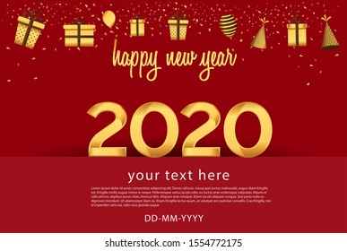 Happy new year 2020. Vector illustration design with golden color with glitter for greeting card, poster template flyer or invitation in red background