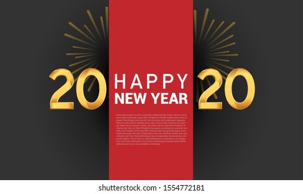 Happy new year 2020. Vector illustration design golden color with clock and fireworks glitter on black background
