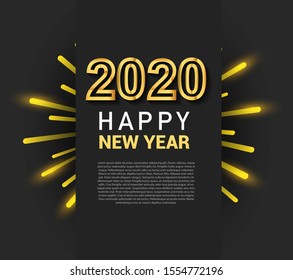 Happy new year 2020. Vector illustration design golden color with clock and fireworks glitter on black background