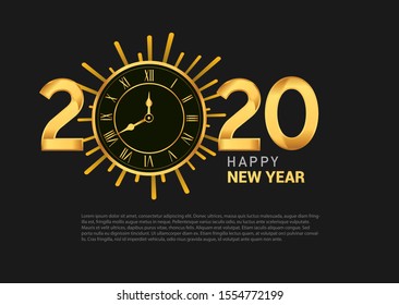 Happy new year 2020. Vector illustration design golden color with clock and fireworks glitter on black background