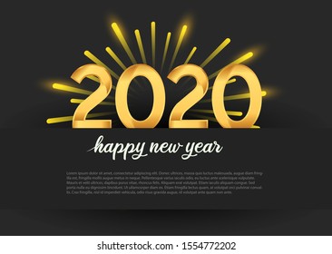 Happy new year 2020. Vector illustration design golden color with clock and fireworks glitter on black background