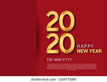 Happy new year 2020. Vector illustration design with golden color with glitter for greeting card, poster template flyer or invitation in red background