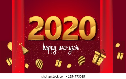 Happy new year 2020. Vector illustration design with golden color with glitter for greeting card, poster template flyer or invitation in red background