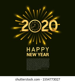 Happy new year 2020. Vector illustration design golden color with clock and fireworks glitter on black background