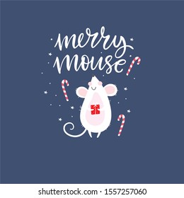 Happy New Year 2020 vector print with cute mouse. Cartoon mouse winter card. Russian Christmas quote - happy new year