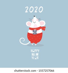 Happy New Year 2020 vector print with cute mouse. Cartoon mouse winter card. Russian Christmas quote - happy new year