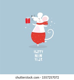 Happy New Year 2020 vector print with cute mouse. Cartoon mouse winter card. Russian Christmas quote - happy new year