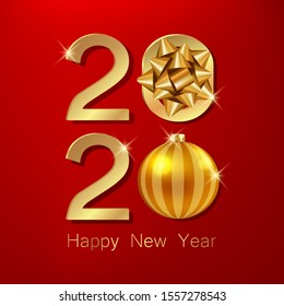 Happy new year 2020 vector greeting card and poster design with golden ribbon and ball.