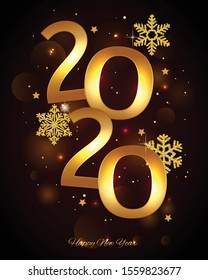 Happy New Year 2020 - Vector New Year background with gold snowflakes on shining black background