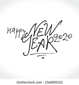 Happy New Year 2020 vector logo. Handwritten pattern in white color on a black background. Template for New Year's design.
