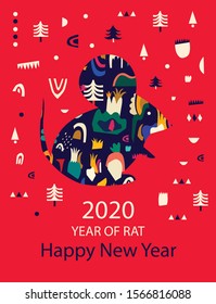 Happy New Year 2020 vector logo design. Happy new year with cute mouse rat in folk style. Chinese New Year. Design of cover for 2020. Calendar design, brochure, catalog, card, banner, wallpaper.