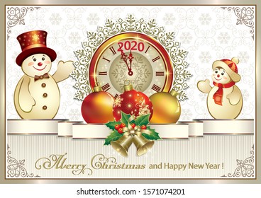 Happy New Year 2020. Vector design greeting card with snowmen and clock on background of snowflakes in  decorative frame with Christmas decoration