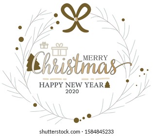 Happy New Year 2020 vector illustration. Festive template with fir-tree, xmas decorations, snowflakes flat design isolated on white background for greeting, invitation card. Christmas holidays concept