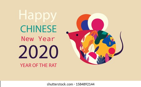 Happy New Year 2020 vector logo design. Happy new year with cute mouse rat in folk style. Chinese New Year. Cover of design for 2020. Calendar design, brochure, catalog, card, banner, wallpaper.