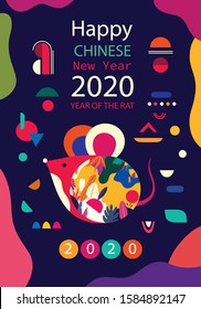 Happy New Year 2020 vector logo design. Happy new year with cute mouse rat in folk style. Chinese New Year. Cover of design for 2020. Calendar design, brochure, catalog, card, banner, wallpaper.