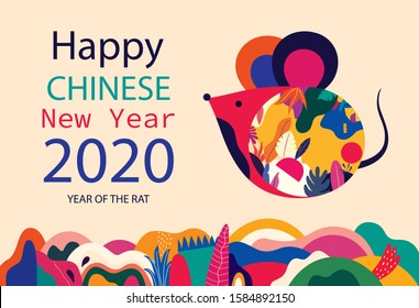 Happy New Year 2020 vector logo design. Happy new year with cute mouse rat in folk style. Chinese New Year. Cover of design for 2020. Calendar design, brochure, catalog, card, banner, wallpaper.