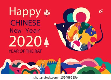Happy New Year 2020 vector logo design. Happy new year with cute mouse rat in folk style. Chinese New Year. Cover of design for 2020. Calendar design, brochure, catalog, card, banner, wallpaper.