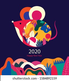 Happy New Year 2020 vector logo design. Happy new year with cute mouse rat in folk style. Chinese New Year. Cover of design for 2020. Calendar design, brochure, catalog, card, banner, wallpaper.