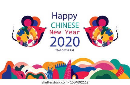 Happy New Year 2020 vector logo design. Happy new year with cute mouse rat in folk style. Chinese New Year. Cover of design for 2020. Calendar design, brochure, catalog, card, banner, wallpaper.