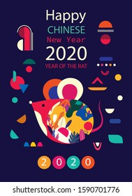 Feliz Año Nuevo 2020 diseño del logo vectorial. Feliz año nuevo con la linda rata del ratón al estilo folk. Año Nuevo Chino. Tapa del diseño para 2020. Diseño del calendario, folleto, catálogo, tarjeta, banner, papel pintado.