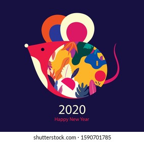 Happy New Year 2020 vector logo design. Happy new year with cute mouse rat in folk style. Chinese New Year. Cover of design for 2020. Calendar design, brochure, catalog, card, banner, wallpaper.