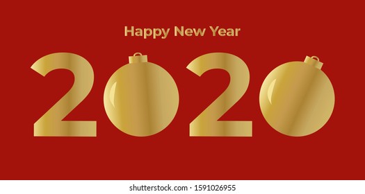Happy New Year 2020 vector banner with golden Christmas balls on red color background. 