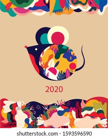 Happy New Year 2020 vector logo design. Happy new year with cute mouse rat in folk style. Chinese New Year. Cover of design for 2020. Calendar design, brochure, catalog, card, banner, wallpaper.