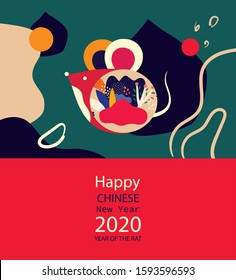 Happy New Year 2020 vector logo design. Happy new year with cute mouse rat in folk style. Chinese New Year. Cover of design for 2020. Calendar design, brochure, catalog, card, banner, wallpaper.