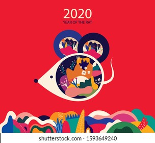 Happy New Year 2020 vector logo design. Happy new year with cute mouse rat in folk style. Chinese New Year. Cover of design for 2020. Calendar design, brochure, catalog, card, banner, wallpaper.