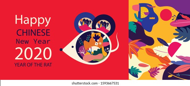 Happy New Year 2020 vector logo design. Happy new year with cute mouse rat in folk style. Chinese New Year. Cover of design for 2020. Calendar design, brochure, catalog, card, banner, wallpaper.
