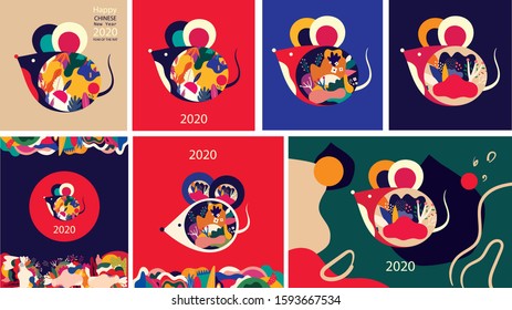 Feliz Año Nuevo 2020 diseño del logo vectorial. Feliz año nuevo con la linda rata del ratón al estilo folk. Año Nuevo Chino. Tapa del diseño para 2020. Diseño del calendario, folleto, catálogo, tarjeta, banner, papel pintado.